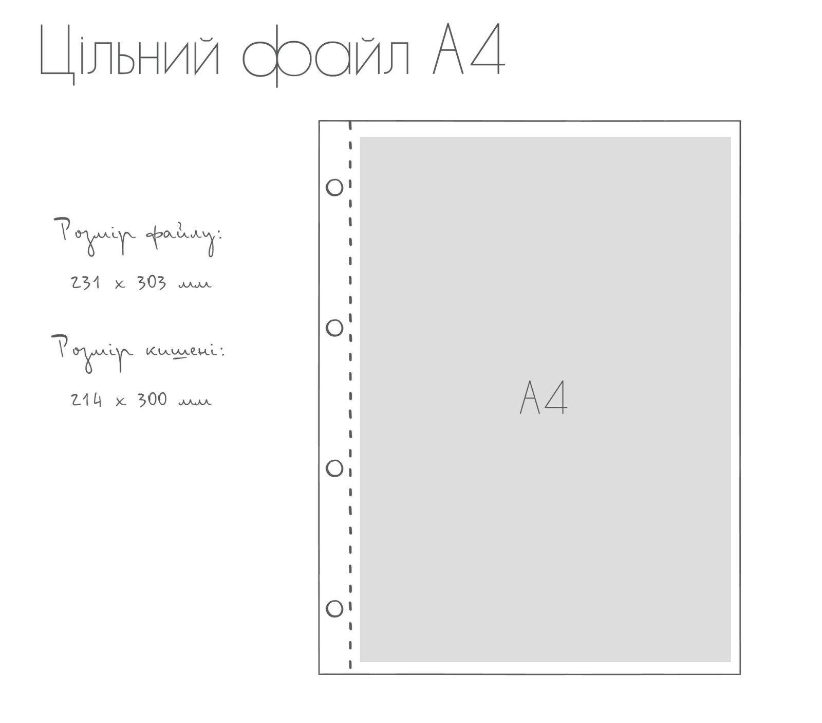 Цільний файл А4 з розмірами паперу та кишені.
